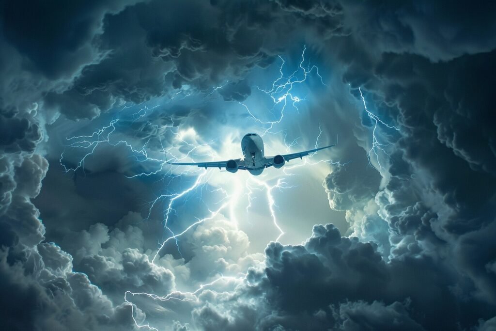 Avión surcando cielos bajo una fuerte tormenta.