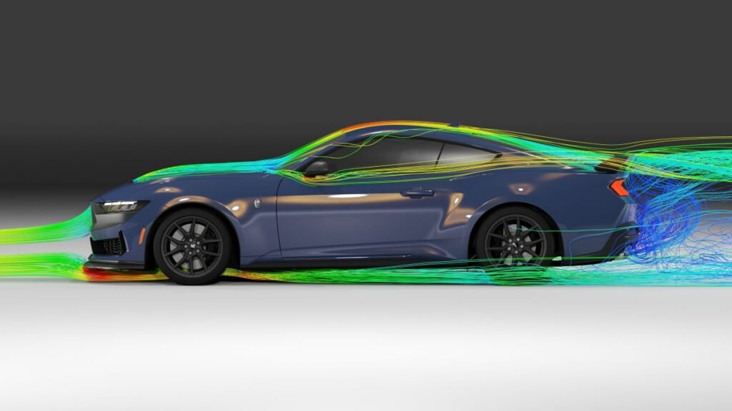 Vista lateral del comportamiento aerodinámico de un Ford Mustang.